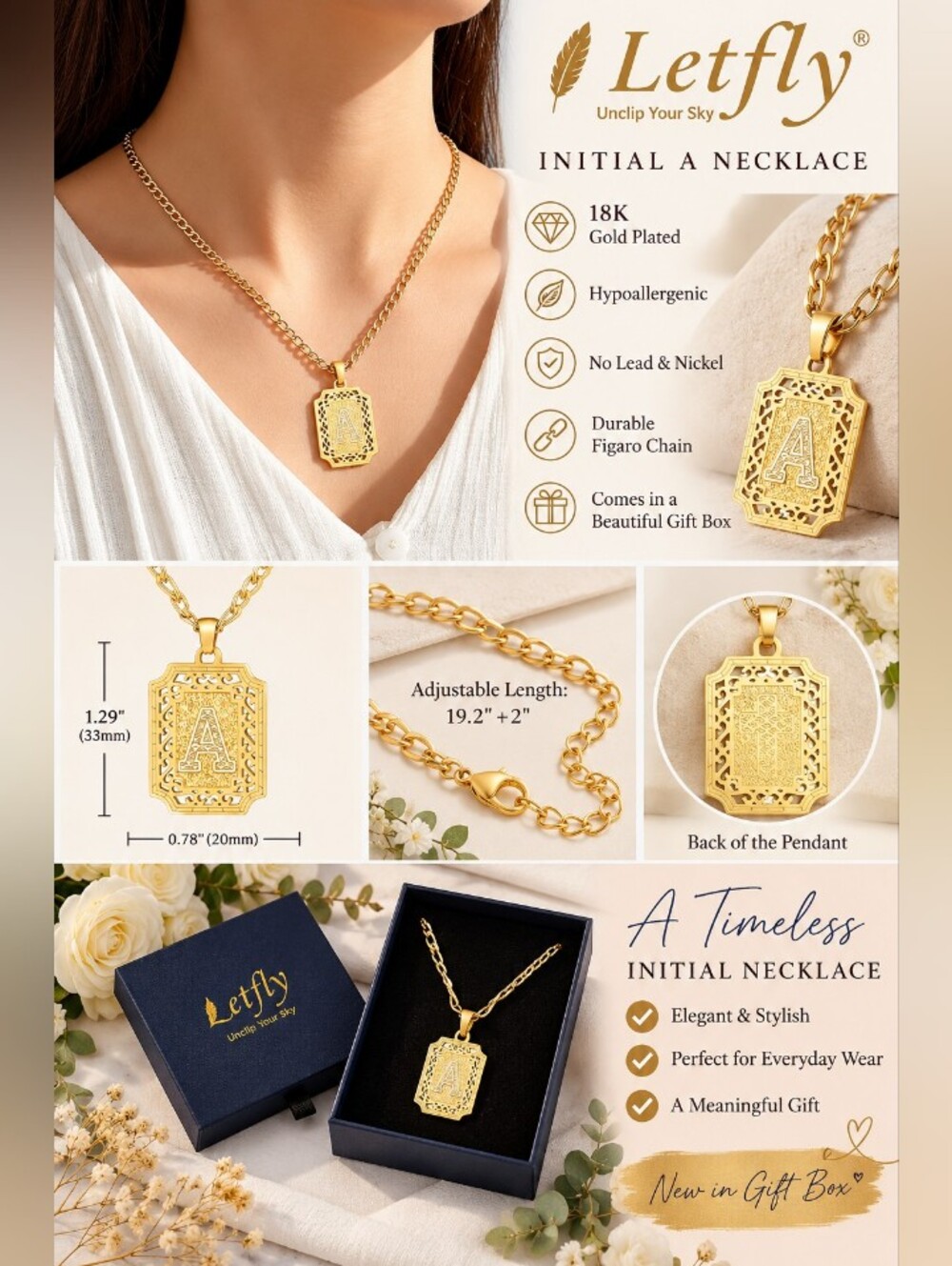 NEW Letfly 18K Gold Plated Initial A Pendant Necklace Figaro Chain